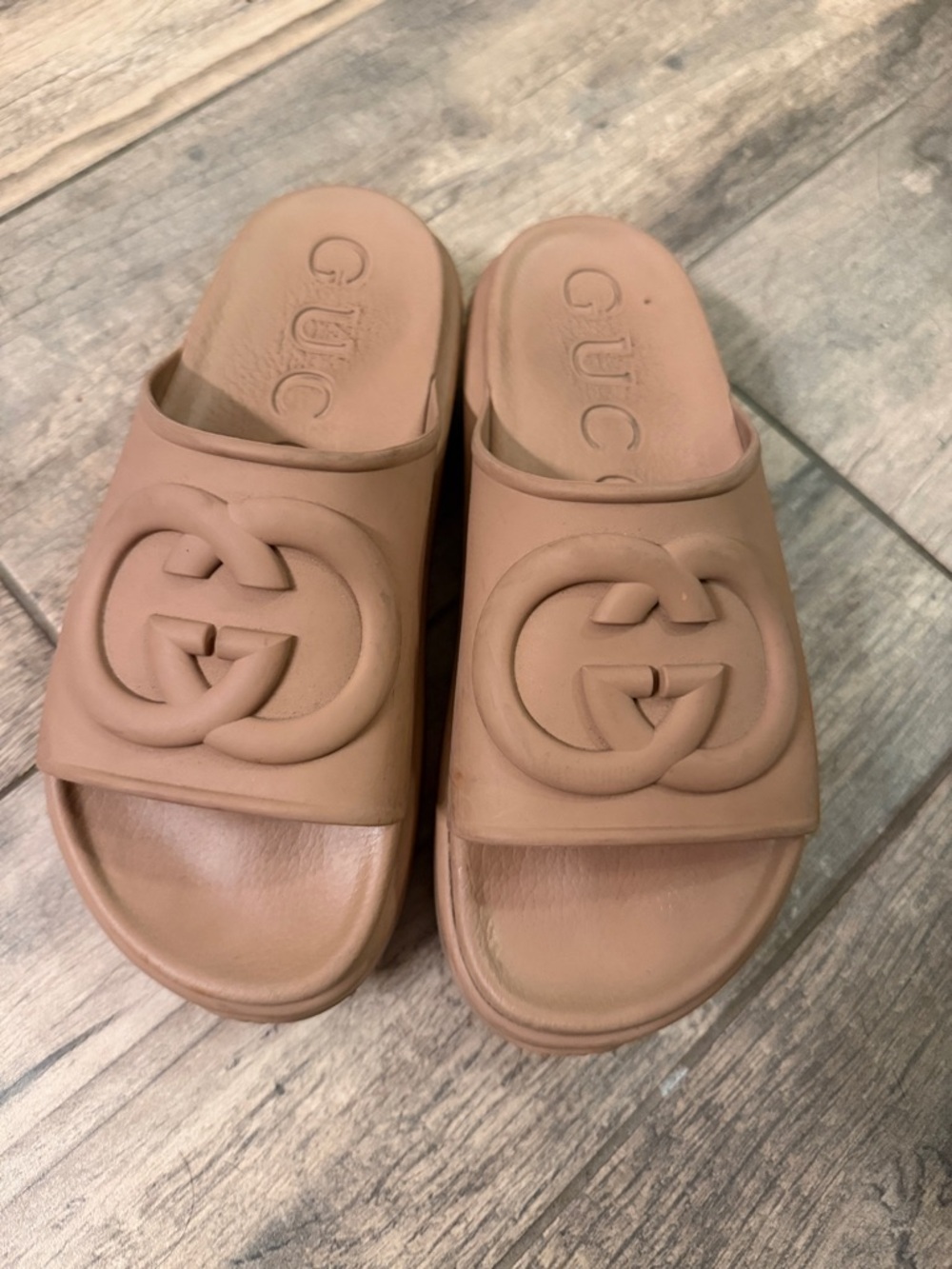 Gucci Blush Tan Rubber Slide Mules with GG Logo